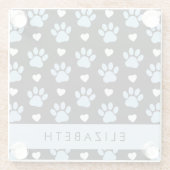 犬の足、青い手、白いハート、あなたの名前 ガラスコースター (裏面)