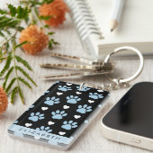 犬の足、青い手、白いハート、あなたの名前 キーホルダー (正面右)