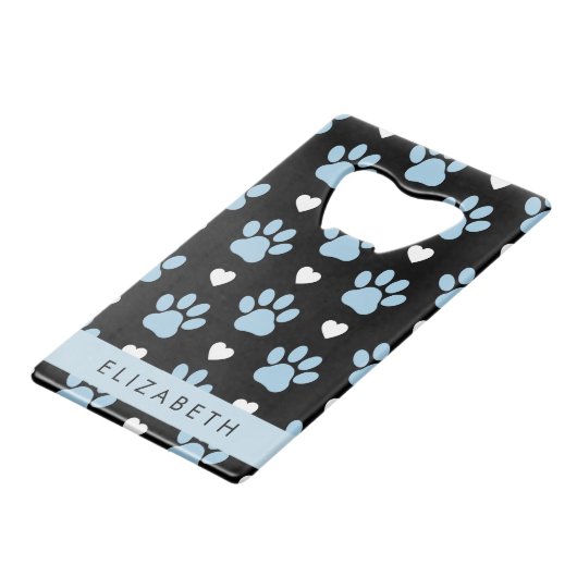 犬の足、青い手、白いハート、あなたの名前 クレジットカード栓抜き (正面アングル)