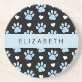 犬の足、青い手、白いハート、あなたの名前 コースター (正面)