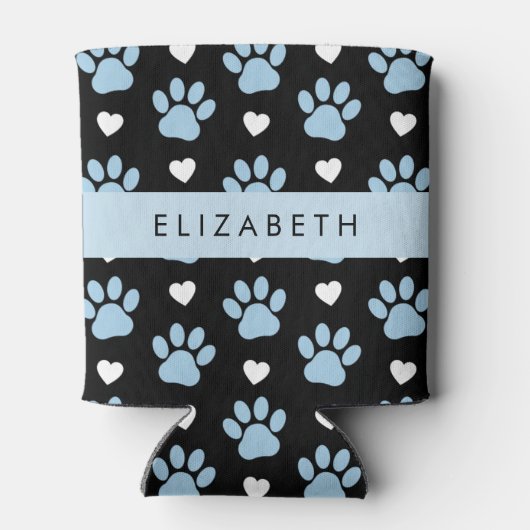 犬の足、青い手、白いハート、あなたの名前 缶クーラー (裏面)