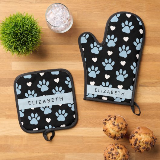 犬の足、青い手、白いハート、あなたの名前 鍋つかみ&鍋敷きセット (トップダウン)