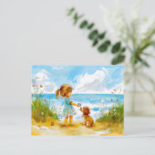 犬の遊ビーチ水彩少女 シーズンポストカード (スタンド正面)