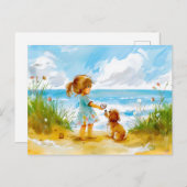 犬の遊ビーチ水彩少女 シーズンポストカード (正面/裏面)