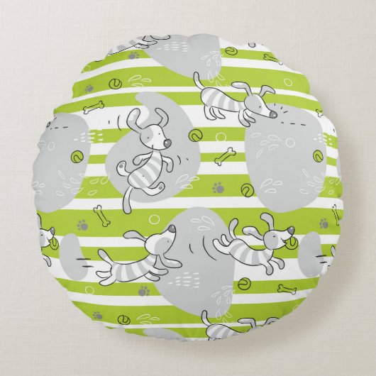 犬の遊柄の背景 ラウンドクッション (正面)