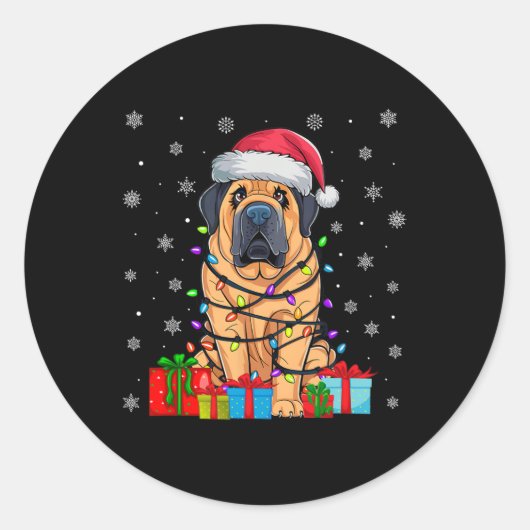 犬の醜いクリスマスライトサンタハットチベットマスティフドッグ ラウンドシール (正面)