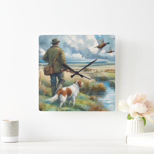 犬の野生動物の壁時計とキジのハンター スクエア壁時計 (ホーム)