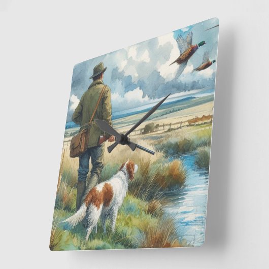 犬の野生動物の壁時計とキジのハンター スクエア壁時計 (傾斜)