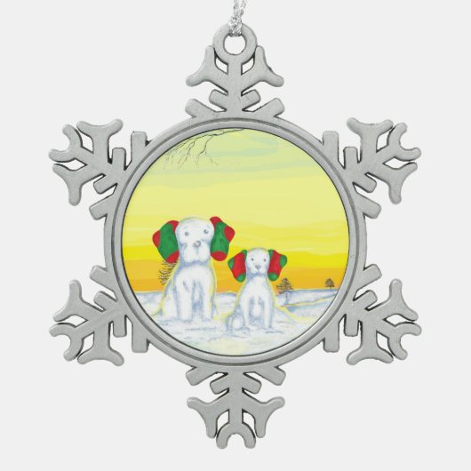 犬の雪だるま/スノードッグ スノーフレークピューターオーナメント (正面)