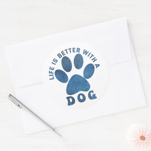 犬の青い質感の文字で人生は良い ラウンドシール (封筒)