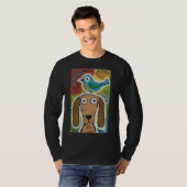 犬の頭の上の鳥イラストレーション Tシャツ (正面フル)