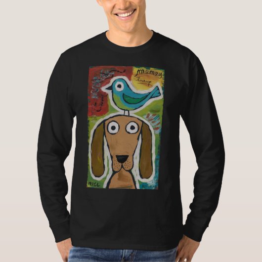犬の頭の上の鳥イラストレーション Tシャツ (正面)