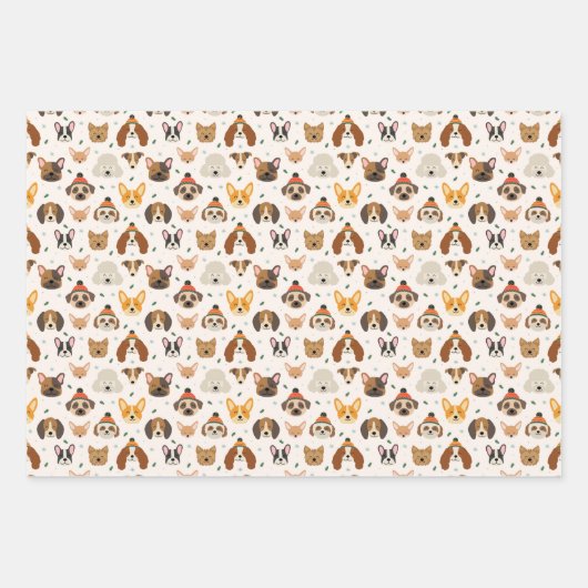 犬の顔インウィンターハッツホリデーパターン ラッピングペーパーシート (正面3)