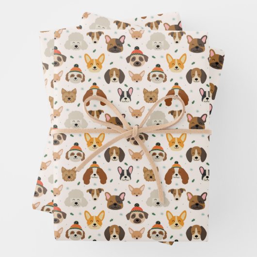 犬の顔インウィンターハッツホリデーパターン ラッピングペーパーシート (インサイチュ)
