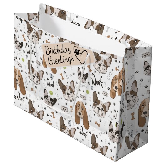 犬の顔骨と足のシームレスなパターン ラージペーパーバッグ (正面アングル)