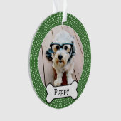 犬の骨とペットの写真 – 緑の水玉模様 オーナメント (正面)