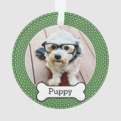 犬の骨とペットの写真 – 緑の水玉模様 オーナメント (裏面)