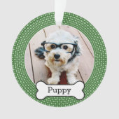 犬の骨とペットの写真 – 緑の水玉模様 オーナメント (正面)