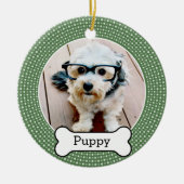 犬の骨とペットの写真 – 緑の水玉模様 セラミックオーナメント (正面)