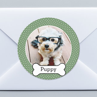 犬の骨とペットの写真 – 緑の水玉模様 ラウンドシール