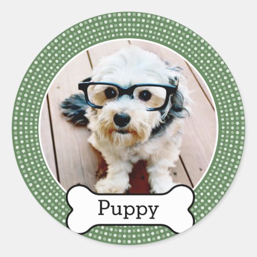 犬の骨とペットの写真 – 緑の水玉模様 ラウンドシール (正面)