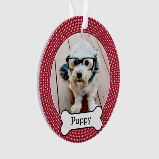 犬の骨とペットの写真 – 赤い水玉模様 オーナメント (正面)