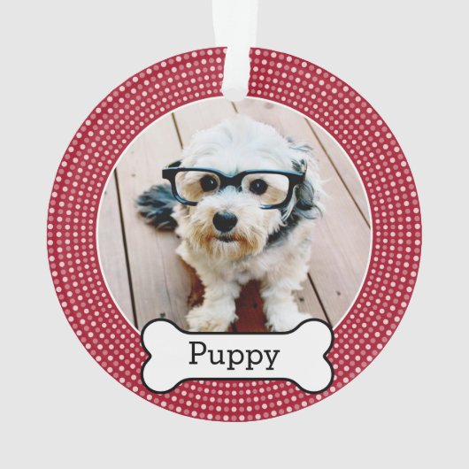 犬の骨とペットの写真 – 赤い水玉模様 オーナメント (裏面)