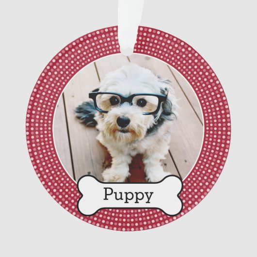 犬の骨とペットの写真 – 赤い水玉模様 オーナメント (正面)