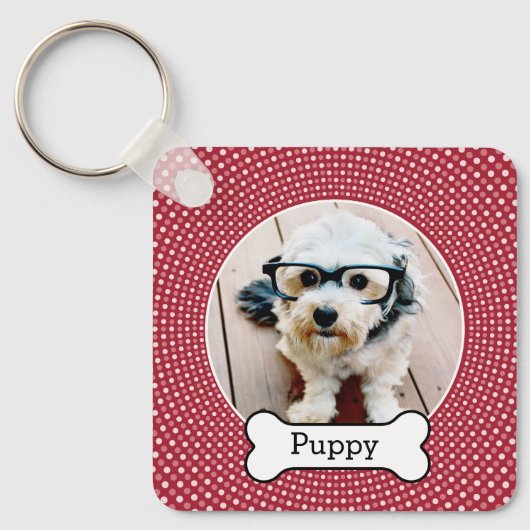 犬の骨とペットの写真 – 赤い水玉模様 キーホルダー (正面)