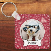 犬の骨とペットの写真 – 赤い水玉模様 キーホルダー (正面)