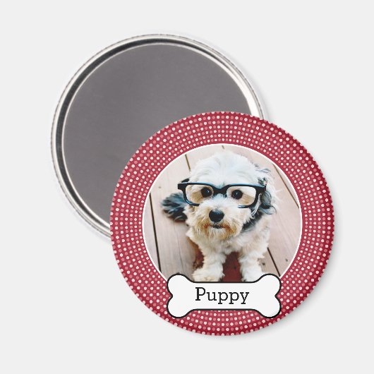犬の骨とペットの写真 – 赤い水玉模様 マグネット (正面/裏面)