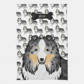 犬の骨と名前とブルーメルル漫画シェットランド・ シープドッグ キッチンタオル (縦)