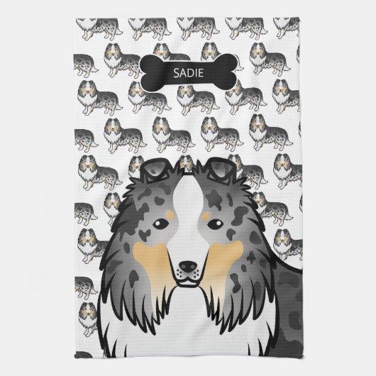 犬の骨と名前とブルーメルル漫画シェットランド・ シープドッグ キッチンタオル (縦)