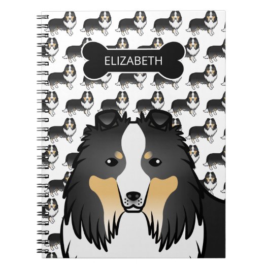 犬の骨と名前を持つ3色の漫画シェットランド・ シープドッグ ノートブック (正面)