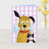犬の骨と猫のタータンチェックパターン – Greeting Card カード (黄色い花)