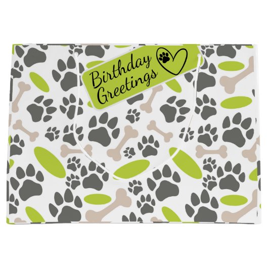 犬の骨と足のシームレスなパターン ラージペーパーバッグ (正面)