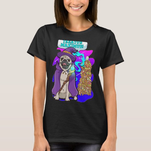 犬の魔法使い パグ 杖 魔法 スペル ファンタジー 魔術師 おやつ Tシャツ (正面)