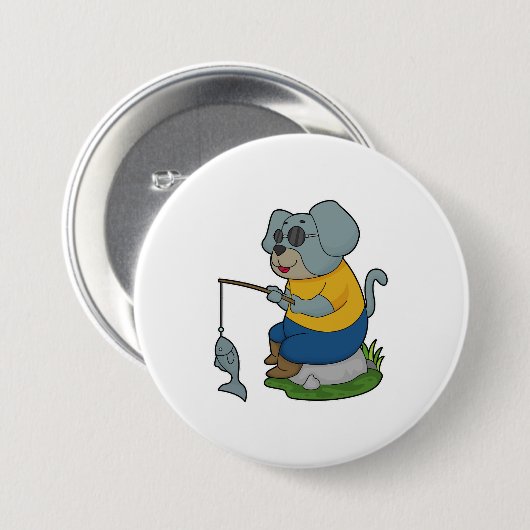 犬の魚釣りフィッシャーフィンシングロッド 缶バッジ (正面&裏面)
