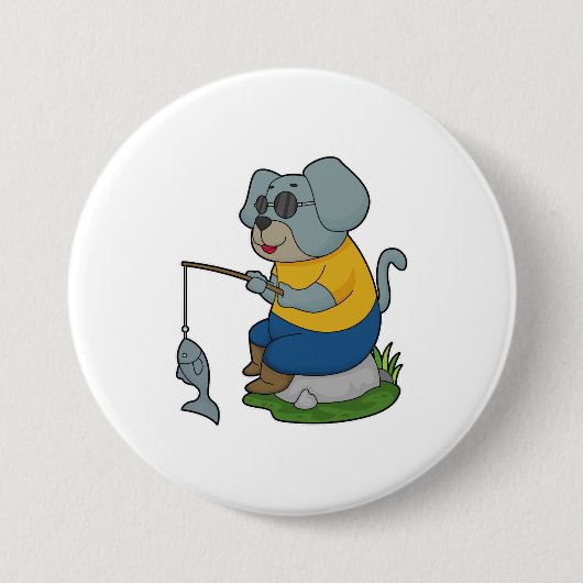 犬の魚釣りフィッシャーフィンシングロッド 缶バッジ (正面)