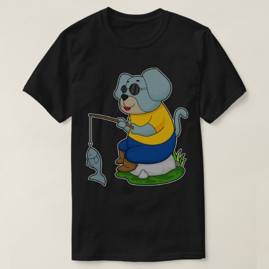 犬の魚釣りフィッシャーフィンシングロッド Tシャツ (デザイン正面)