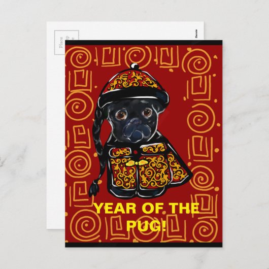 犬の黒いパグ年 シーズンポストカード (正面/裏面)