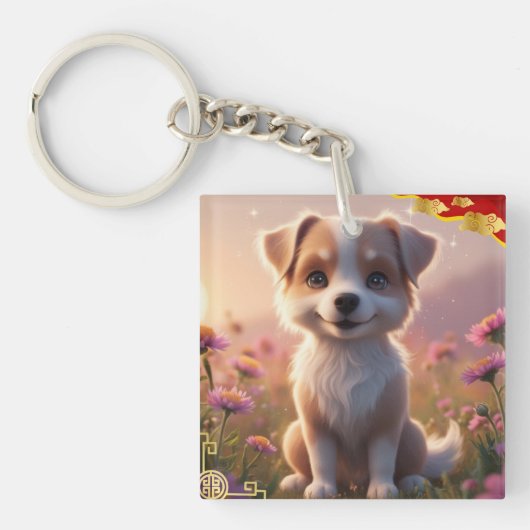 犬の〔占星術の〕十二宮図標識 キーホルダー (正面)