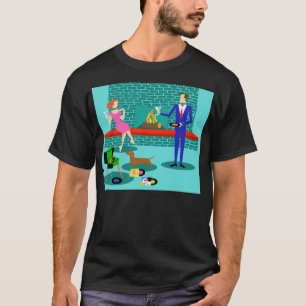 犬のTシャツが付いているレトロのカップル Tシャツ