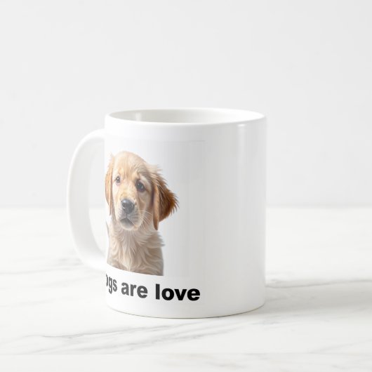 「犬は愛である」と誇らしげに宣言するコーヒーマグ コーヒーマグカップ (正面左)