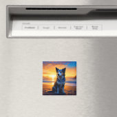 犬は日没で海ビーチに座る マグネット (インサイチュ (食洗機))