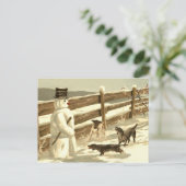 犬は、フェンスで雪だるまを満たす、クラシックの休日 ポストカード (スタンド正面)