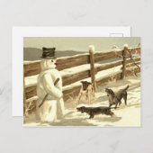 犬は、フェンスで雪だるまを満たす、クラシックの休日 ポストカード (正面/裏面)