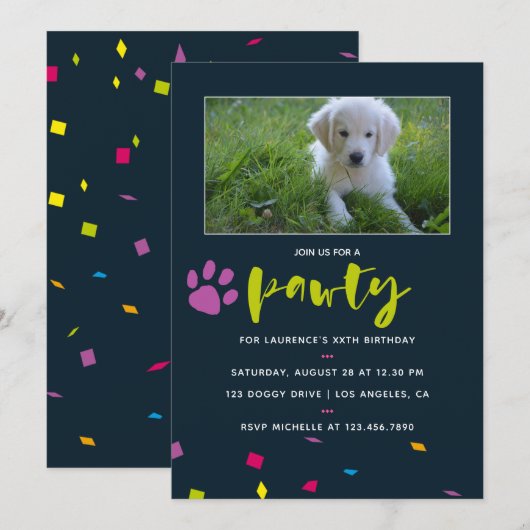 犬または子犬の誕生日フォトカンフェッティ招待状 招待状 (正面/裏面)