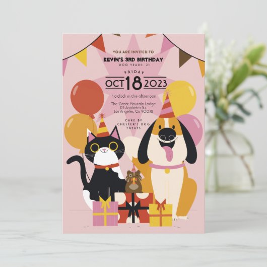 犬または猫の誕生日パーティー編集可能招待状 セーブザデート (スタンド正面)