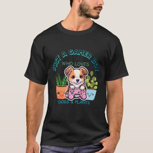 犬や植物を愛するゲーマー少年 Tシャツ (正面)